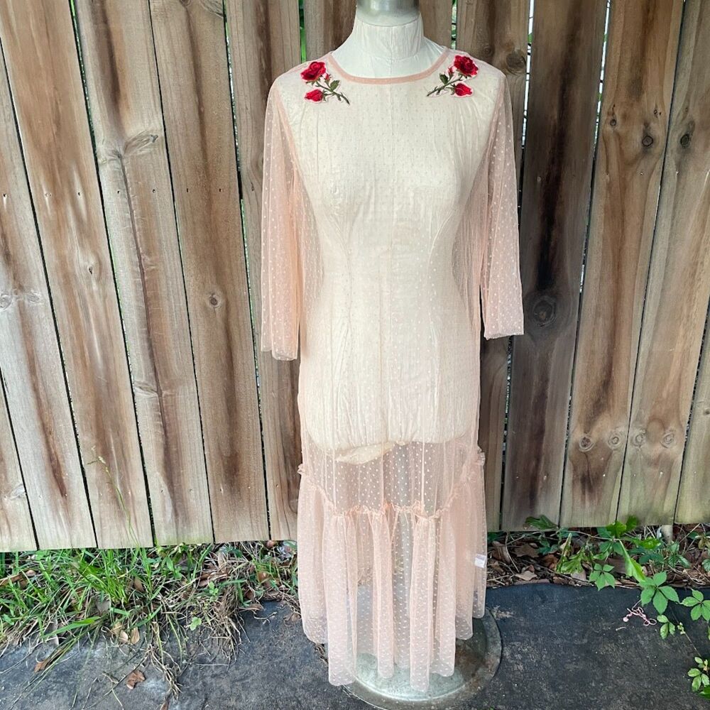GINGER Sheer Mesh Polka Dot Applique Roses Midi DRESS M
